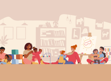 Graphic illustration of adults with small children surrounded by toys in a childcare setting.